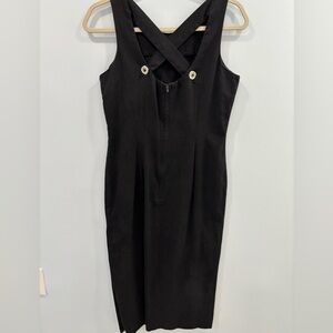 Vintage 90s Michael Angela Collections Black Midi Dress Size 6 Criss Cross Back